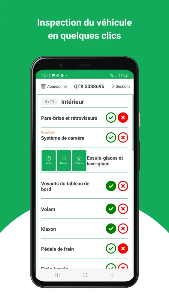 Application mobile Android d'inspection véhicule avec checklist intérieur et boutons de validation