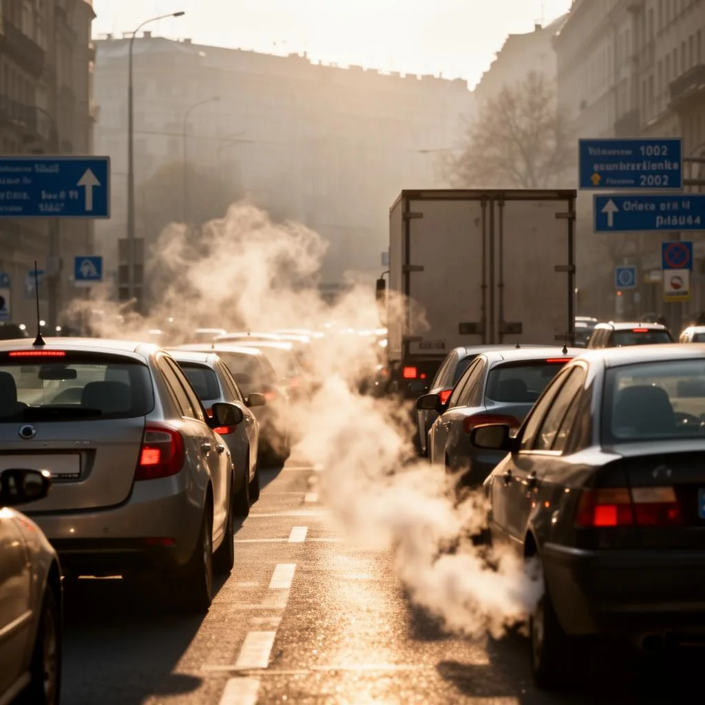 Embouteillage urbain avec émissions de gaz d échappement visibles, illustration des émissions de CO2 du transport routier