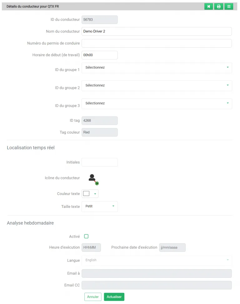 Fiche détaillée d'un conducteur dans la plateforme de gestion