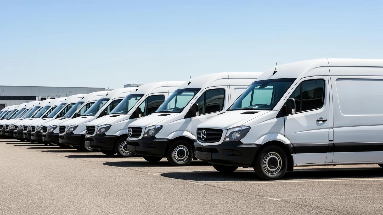 Flotte d utilitaires blancs alignés sur un dépôt logistique