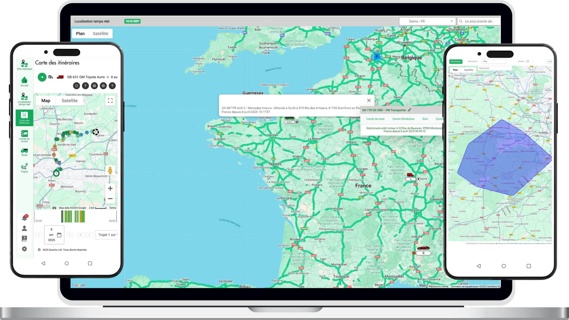 Plateforme de suivi GPS responsive : carte temps réel sur ordinateur, application mobile carnet de routes et géofencing sur smartphone